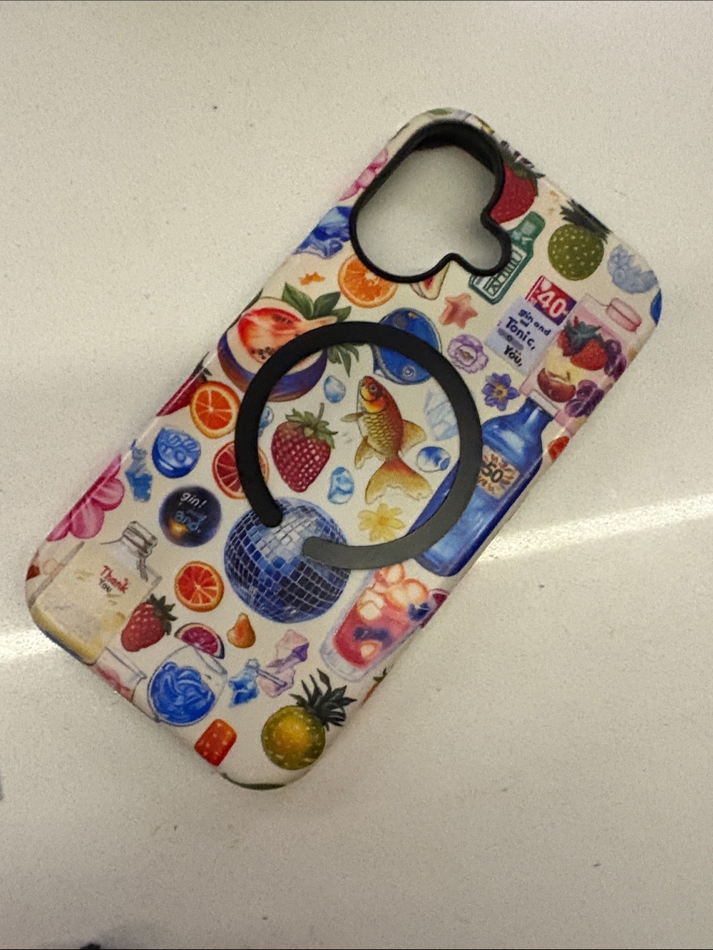 Colorful Fruit & Fish Pattern Phone Case with Black Ring Grip